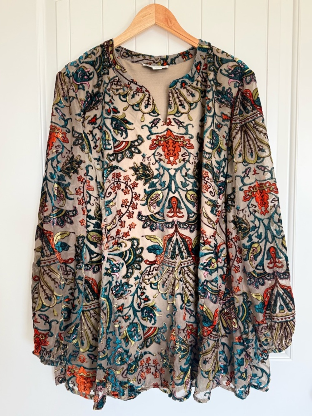 Coldwater Creek Boho Burnout Velvet Paisley Tunic Blouse Floral Sheer Multi Top